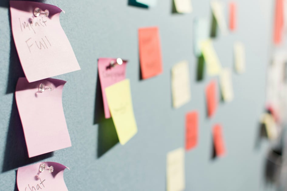 Post-it notes tacked to a board